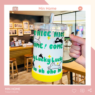 Cốc thuỷ tinh lớn 1000ml báo thủ có nắp và ống hút chịu nhiệt tốt, ly thuỷ tinh cao cấp dễ thương MinHome