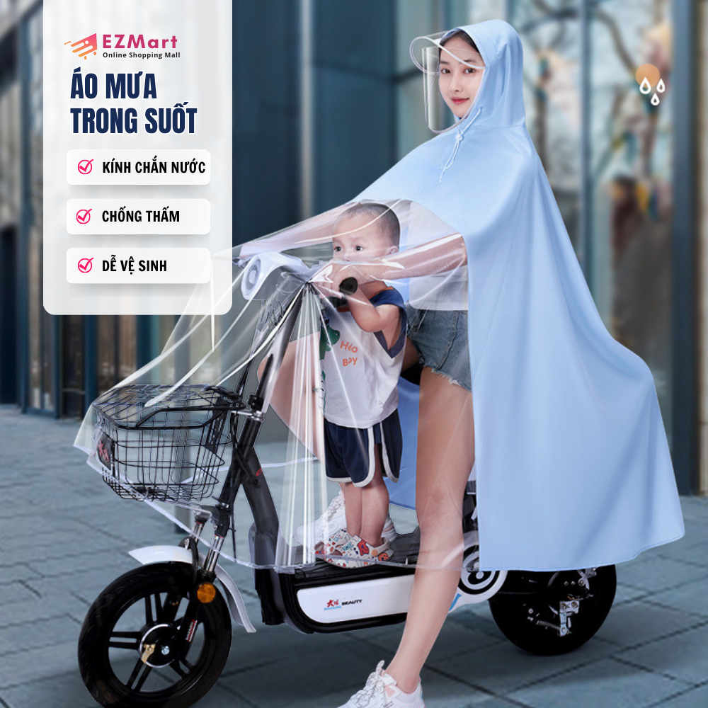 Áo Mưa Che Phủ Toàn Thân Nửa Trước Trong Suốt Cho Mẹ Và Bé, Vải Dù Siêu Nhẹ Có Kính Chắn Bảo Vệ, Kèm Kính Chắn Mưa AM03
