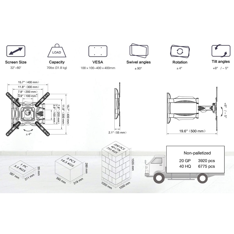 Giá treo tivi North Bayou NB-P40 Màn hình 32-60inch Xoay đa năng, Tải trọng 31Kg, Chuẩn VESA