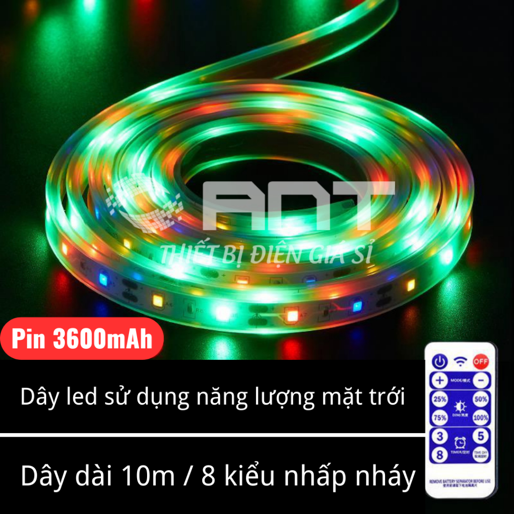 Đèn led trang trí ngoài trời, dây led năng lượng mặt trời, dây dài 10m chớp nhiều màu, có 8 chế độ kiểu chỉnh