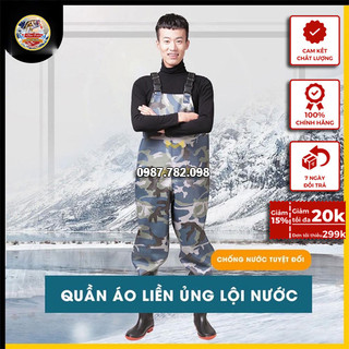 Bộ quần áo yếm lội nước liền ủng, màu bộ đội thời trang, cao su cao cấp chống nước đàn hồi, ủng lội nước