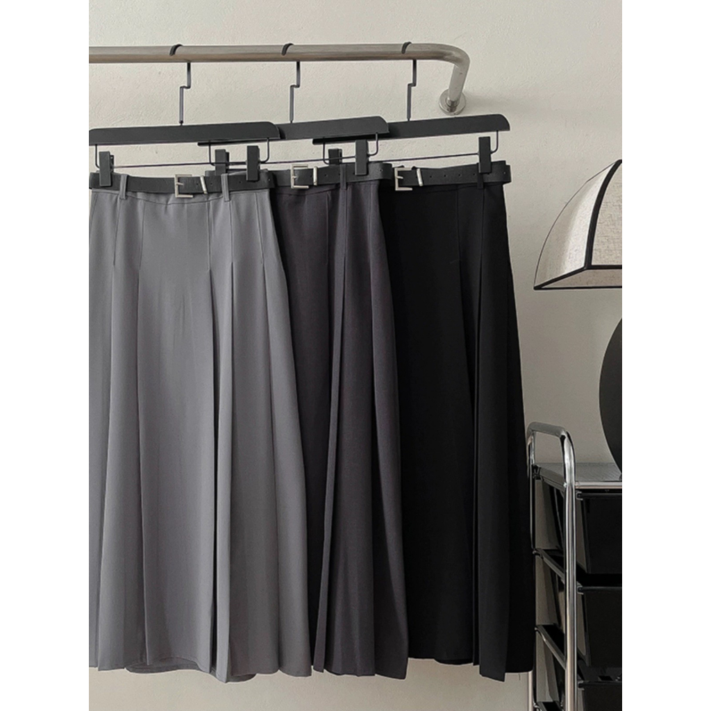 (ORDER) Chân váy cạp cao xếp ly 2 bên xòe dài kèm đai lưng style Hàn Quốc retro cá tính