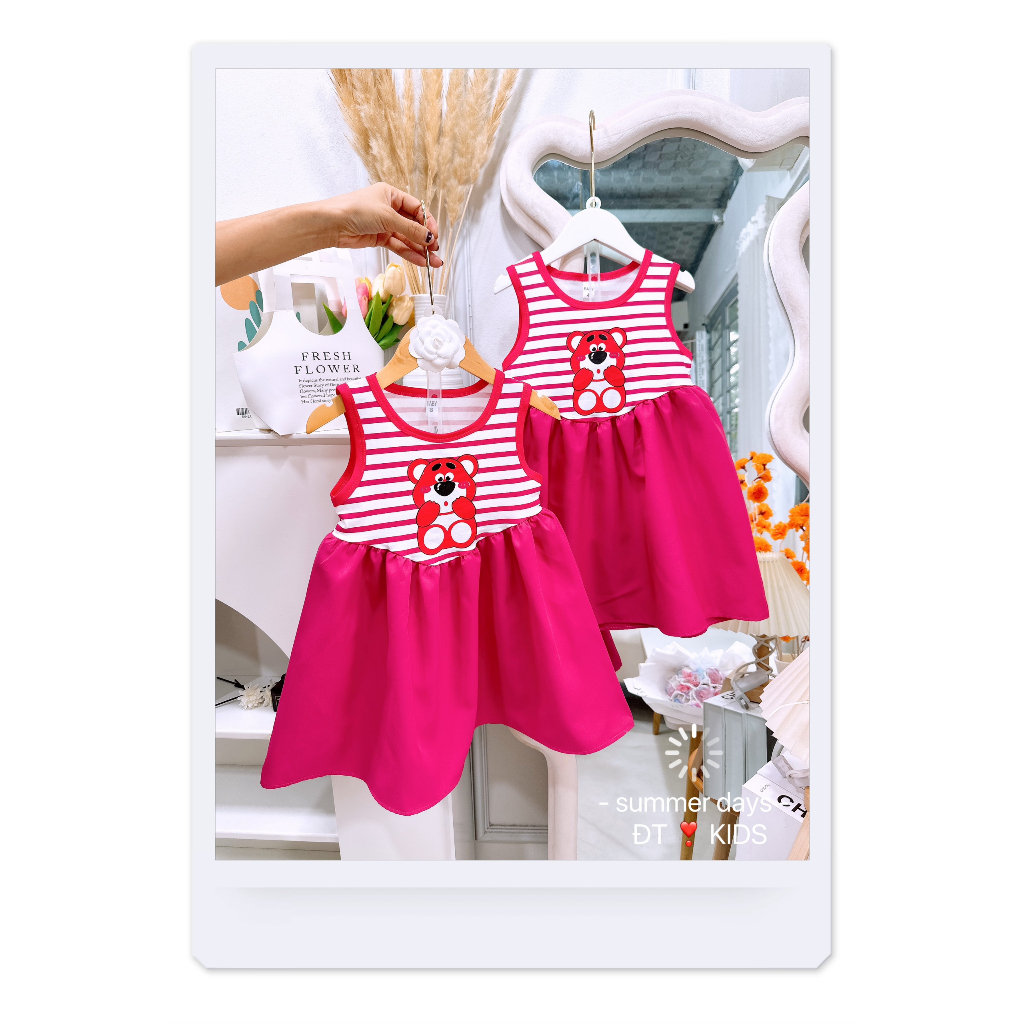 Xả hàng size nhí - váy gấu dâu 2 dây, váy gấu dâu lotso sát nách cho bé 8-18kg