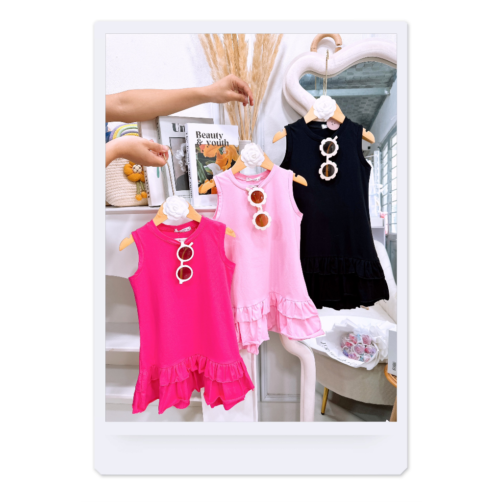 Xả kho - Váy suông cotton chân tầng 3 màu xinh xắn cho bé gái