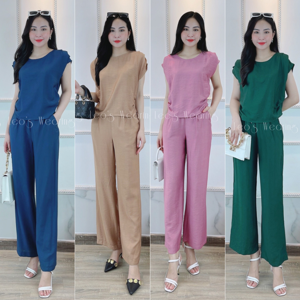 Set bộ đũi quần suông dài có túi mix áo nhún eo 2 bên LEOSWEARING D61 D62 D63 D64
