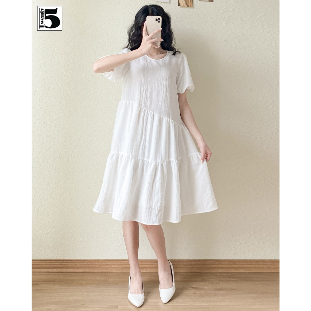 Đầm babydoll nữ Twentyfive dáng xòe rộng nhún 3 tầng tay bồng vải thun xốp SD63