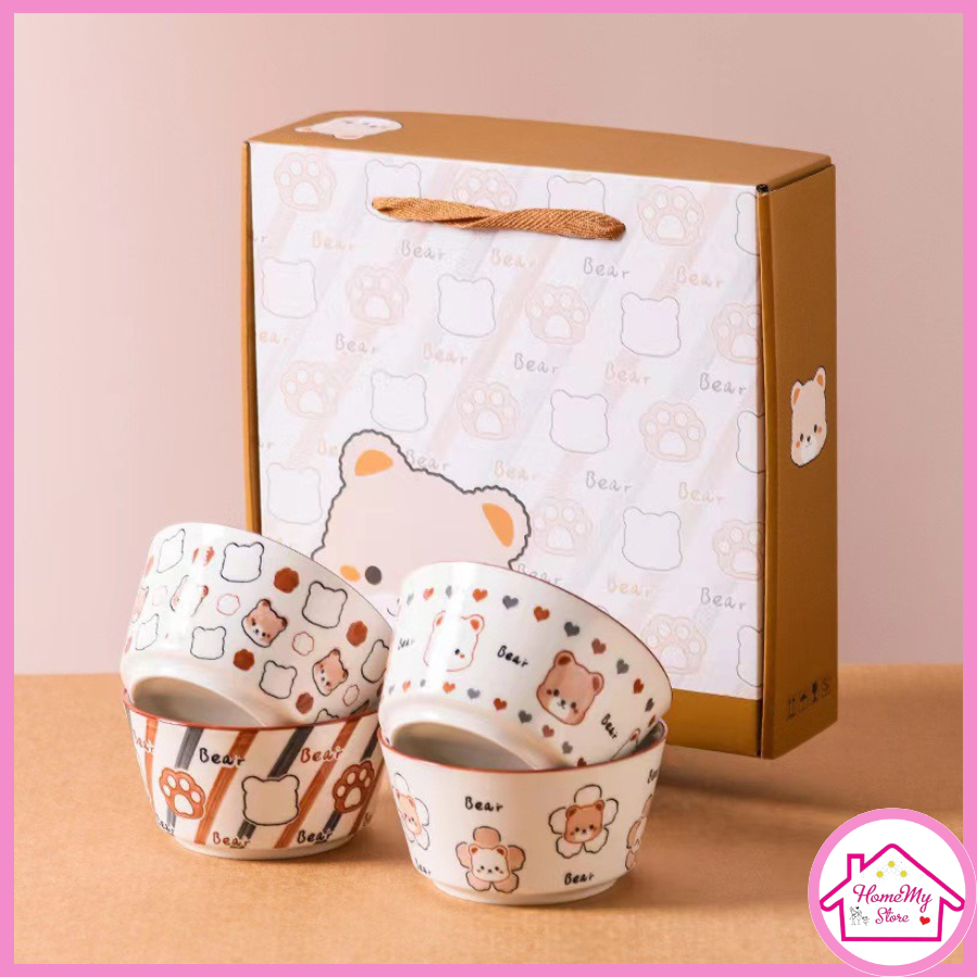 Bát Ăn Cơm - Bộ Hộp Bát Gấu Quà Tặng Cực Xinh - Bát Đĩa Sứ Decor Dễ Thương