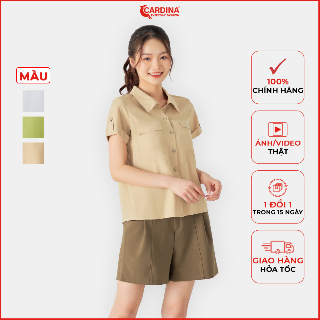 Áo sơ mi nữ CARDINA chất tằm thô cao cấp áo cộc tay cổ đức có túi ngực trẻ trung 3AF24