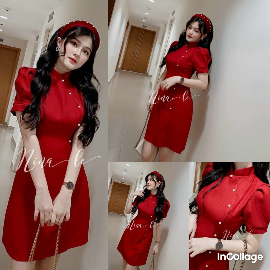 Đầm sườn xám tay phồng cổ tàu đính cườm thích hợp mặc đi chơi dạo phố đẹp rực rỡ