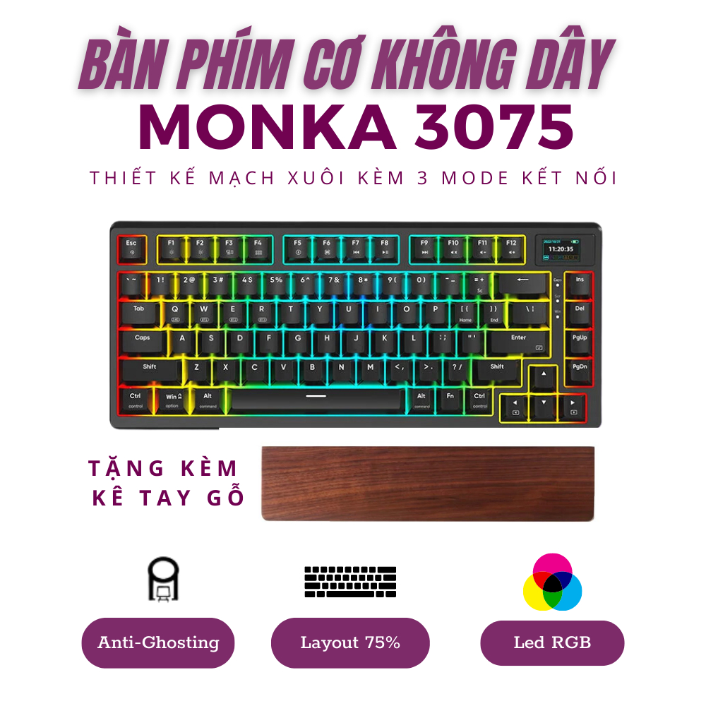 Bàn phím cơ không dây MONKA 3075 pro - Red Switch - Mạch xuôi - Led RGB nhiều chế độ - có màn LED