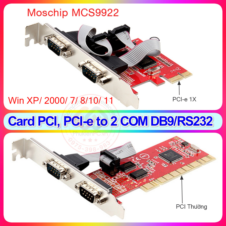 Card PCI to 2 COM DB9 RS232 Chip MCS9865 PCI-e sang 2 COM DB9 RS232 Chip MCS9922 hiệu UNITEK cho máy