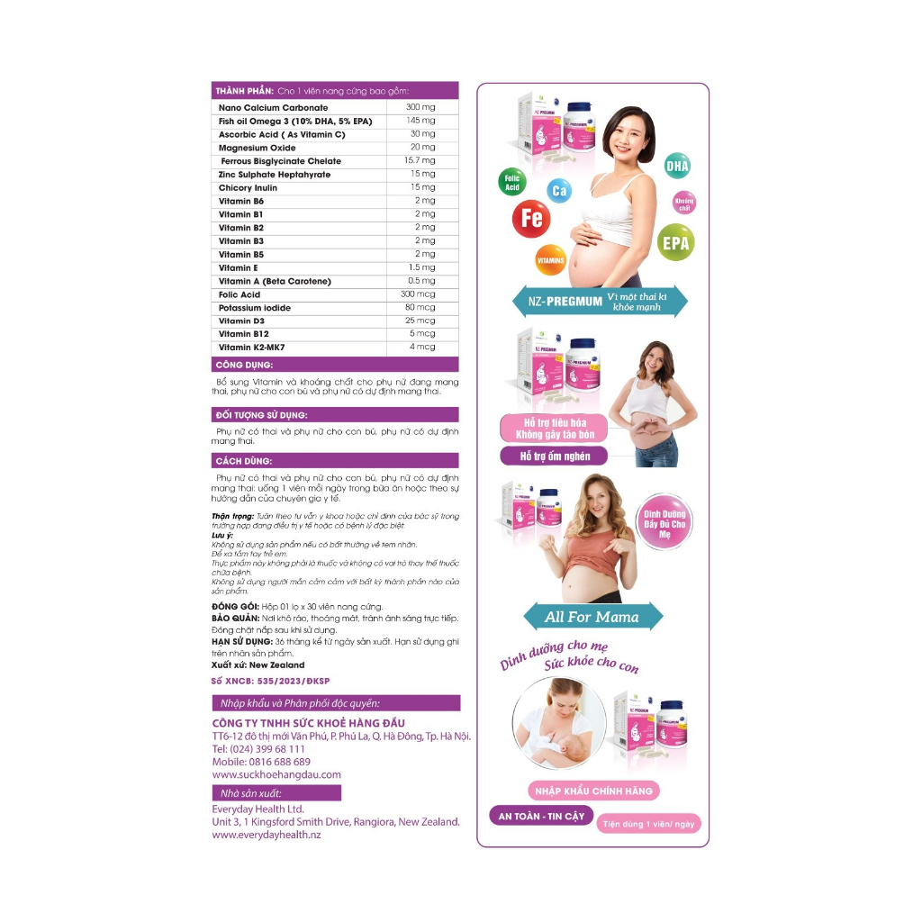 Bổ bầu Everyday health NZ-Pregmum Vitamin tổng hợp cho phụ nữ mang thai và cho con bú nhập khẩu new zealand hộp 30 viên