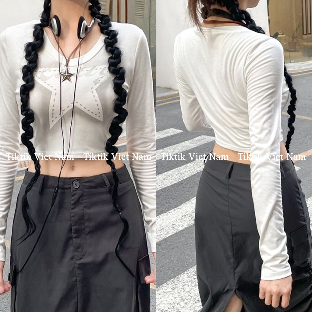 Áo croptop thun dài tay hình ngôi sao màu trắng chất liệu thun cotton phong cách y2k