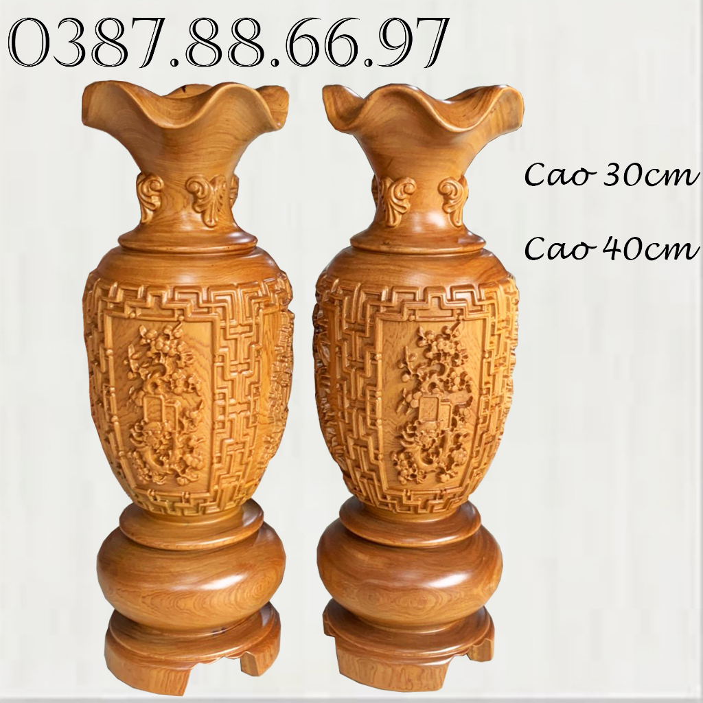 Cặp lục bình tứ quý lộc bình phong thủy cao 30cm và 40cm chất liệu gỗ bách xanh