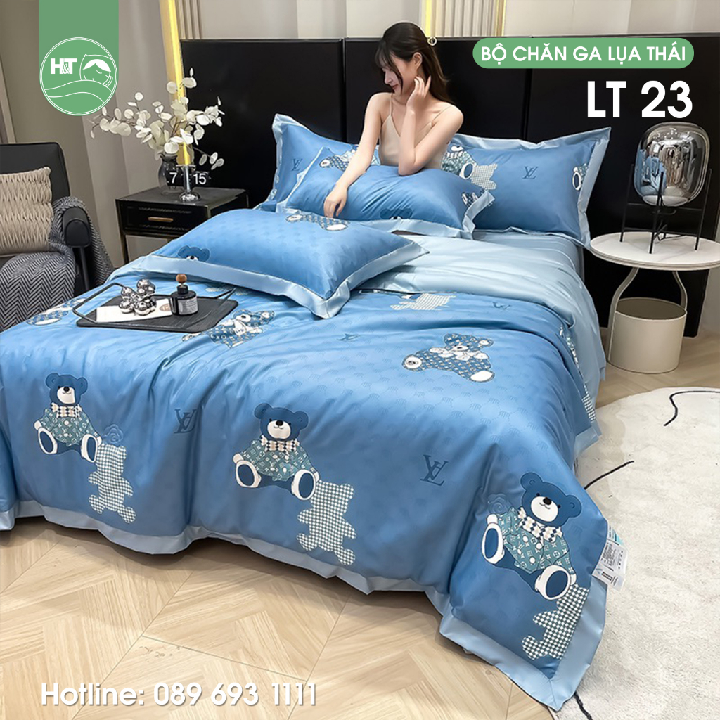 Set bộ chăn ga gối lụa thái nhập khẩu cao cấp bo chun , chất liệu lụa thái thoáng khí mềm mịn H&T Chăn Ga Gối