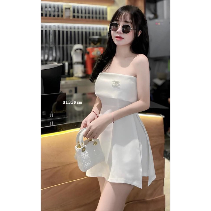 Set áo ống xẻ tà kèm quần và tag đá - Bộ 2 món áo cúp ngực kèm quần tag đá có dây vai