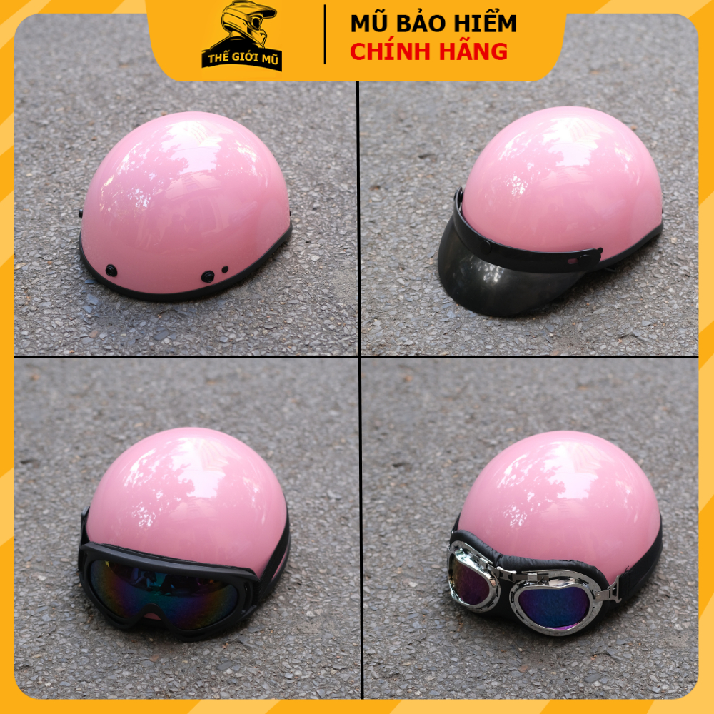 Mũ bảo hiểm nửa đầu màu hồng bóng, mũ 1/2 có kính uv phi công cute siêu xinh, bảo hành 12 tháng Thế giới mũ bảo hiểm