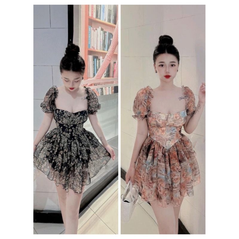 T92 Đầm hoa voan hở lưng cúp ngực, dáng ngắn sexy