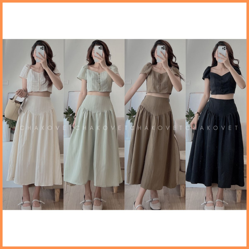 Set Áo Croptop Cộc Tay Thiết Kế Cổ Chữ U Mix Khuy Trước Kèm Chân Váy Midi Dáng Dài Cực Xinh Xắn S8698 - Chakovet