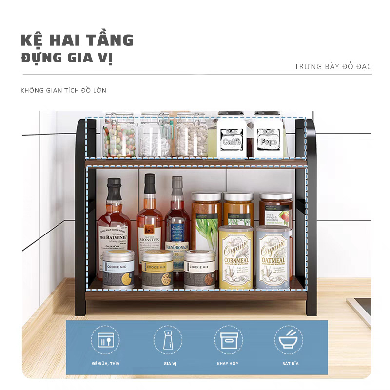 Kệ Gia Vị Nhà Bếp Thiết Kế Thông Minh Hiện Đại Khung Sắt Sơn Tĩnh Điện Không Gỉ Cao Cấp Gỗ Bền Bỉ Chống Thấm