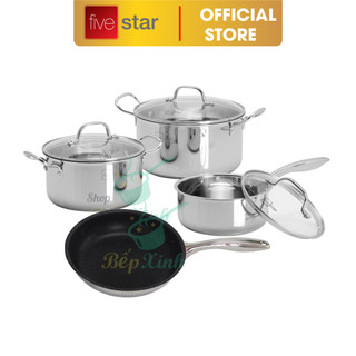 Bộ nồi chảo chống dính vân đá inox 3 lớp đáy liền Fivestar Plus FPB3002 nắp kính size 16, 20, 24cm và chảo 24cm