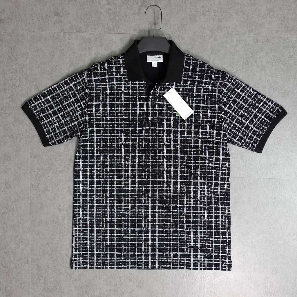 Áo polo nam ngắn tay LC Cá Sấu màu đen kẻ trắng, 100% cotton pique, phom slim ôm nhẹ, 50-85KG- Made in VN 23APL03