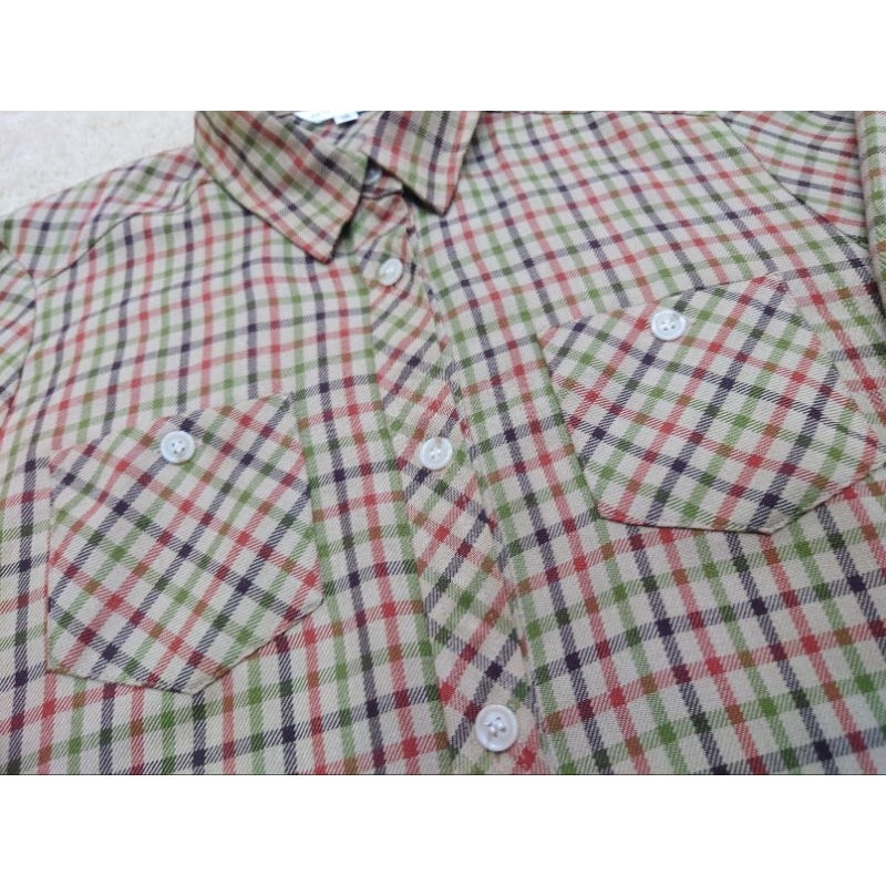 Áo sơ mi kiểu nữ SIL NOIR kẻ sọc caro màu nâu nhạt tay dài có 2 túi trước ngực chất vải dày dặn