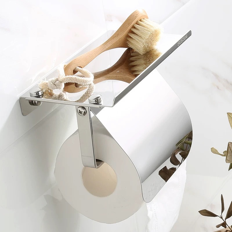 Móc treo giấy vệ sinh RICHTREE có khay để đồ tiện lợi chất liệu inox sáng bóng chống hoen gỉ MR23 (18*7cm) Tặng kèm keo