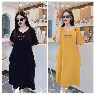 Đầm Phông Suông Nữ Cổ Tim Thun Thái Dày Dặn Mịn Mát Kiểu Xẻ Tà Bigsize YUNATIDUS mã forever