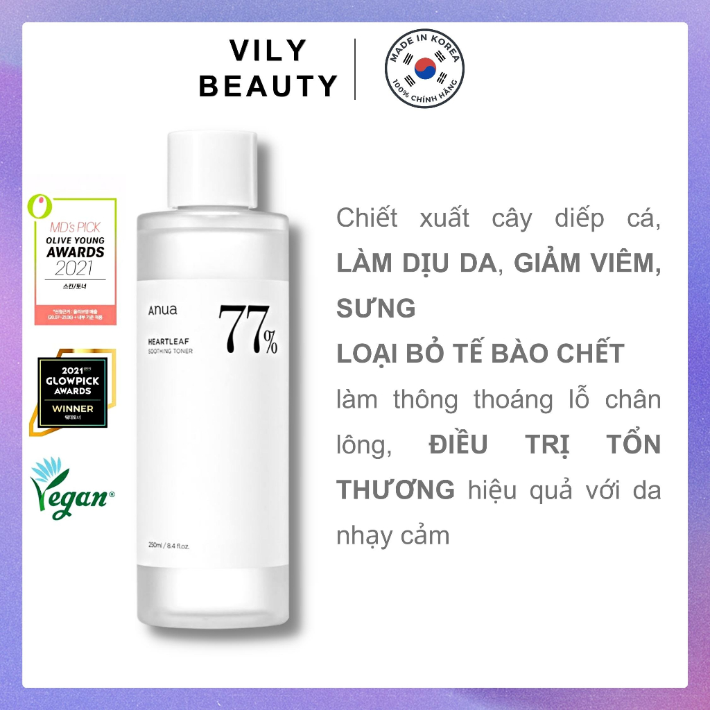 Toner làm dịu da ANUA chiết xuất diếp cá Heartleaf 77% Soothing Toner 250ml chính hãng