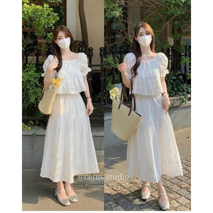 Set áo babydoll xô thêu cột nơ mix chân váy maxi thêu hoa