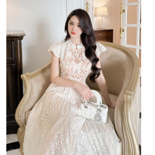 Váy ren vintage dập ly tay cánh tiên cổ trụ 190623