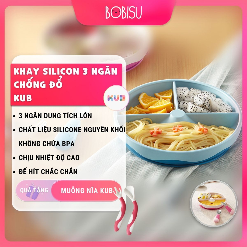 Khay silicon cho bé ăn dặm 3 ngăn đế hít chống đổ KUB