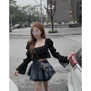 Áo Cổ Vuông Tay Bèo Đen/Trắng Dưới 55kg