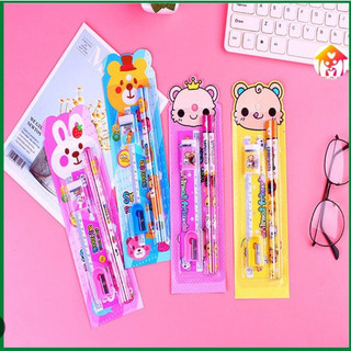 Bộ dụng cụ học tập 5 món: 2 bút chì + thước + gôm + đồ chuốt xinh xắn