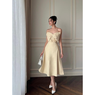 [HÀNG THIẾT KẾ CAO CẤP] Đầm Xòe Xếp Li Nơ Ngực Chít Eo Tôn Dáng Đi Tiệc Sang Trọng Màu Nude Form Dài