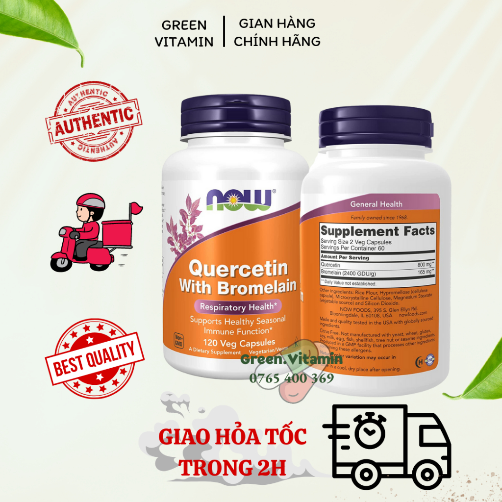 Now Foods Quercetin with Bromelain - Viên uống cân bằng miễn dịch, tăng đề kháng 120 viên