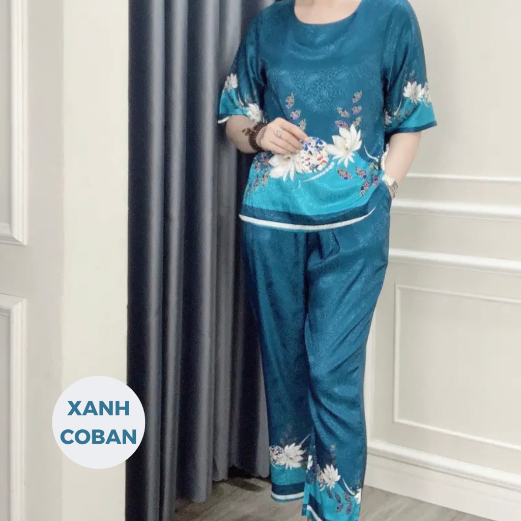 Bộ Đồ Trung Niên Nữ, Set Lụa Mặc Nhà Áo Hoa 3D Cổ Tròn Ngắn Tay Quần 9 Tấc Sang Trọng | Thời Trang NP Clothing U40+