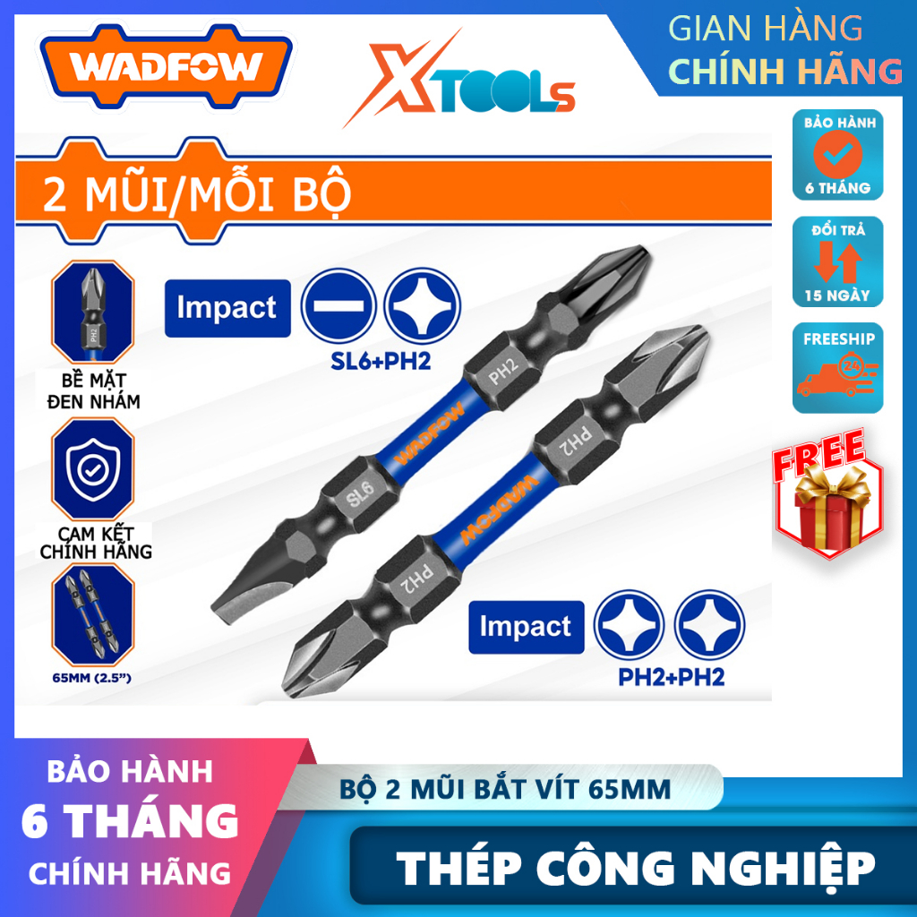 Bộ 2 mũi bắt vít Wadfow WSV3K62 2 đầu PH2+PH2 65mm đầu mũi được tối ưu giúp giảm gãy đầu, thép công nghiệp S2 bề mặt mạ