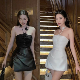 (Sẵn-Hỏa Tốc hcm) Jumsuit cổ yếm đính hoa tùng xếp li tùng xoè phong cách nữ tính quyến rũ dạo phố dự tiệc/Meicy Studio