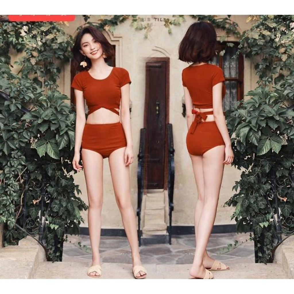 Bikini 2 mảnh đồ bơi đi biển nữ áo croptop tay cọc váy xòe và quần cạp cao kín đáo MARINA045