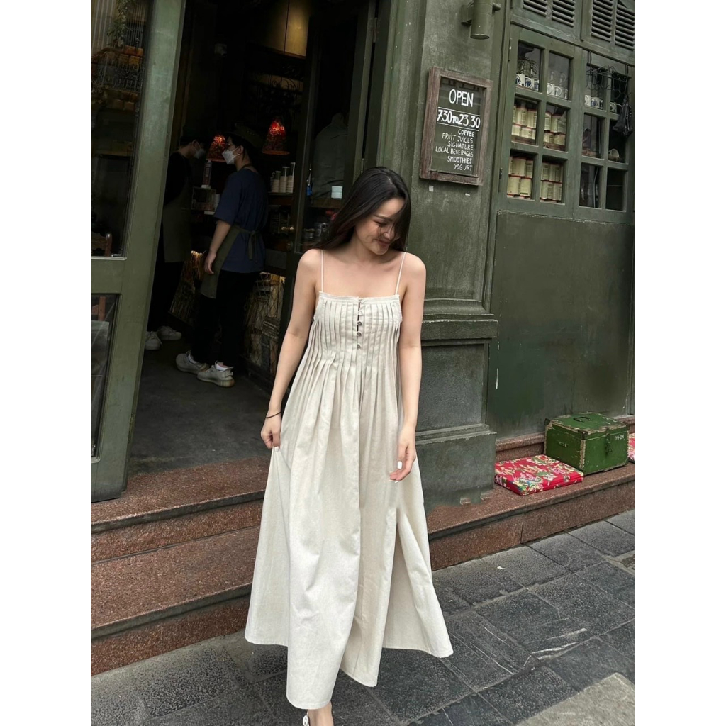 Đầm maxi 2 dây xếp li phối nút du lich đi biển siêu xinh