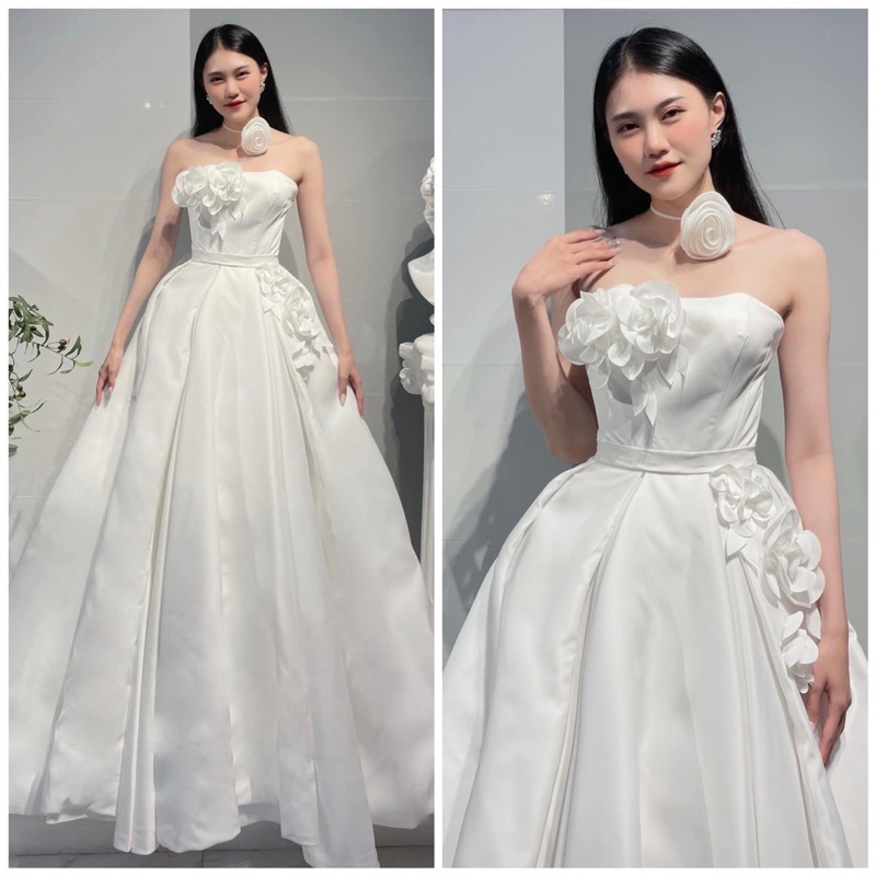 Đầm maxi cưới cho dâu xinh đi bàn cúp ngực tặng kèm hoa cổ - size S/M/L