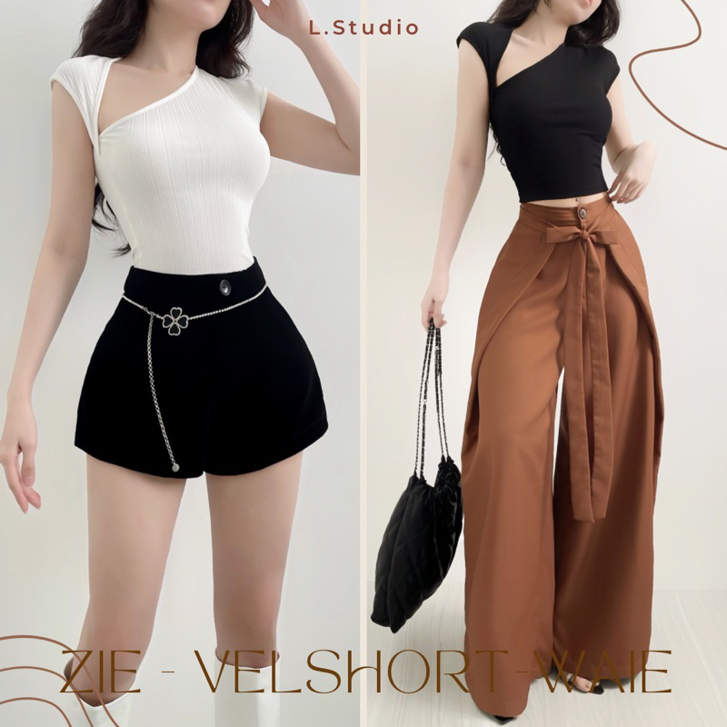 Zie Top - Quần nhung Velvet phối áo thun gân cổ xéo Trendy, chất liệu cao cấp