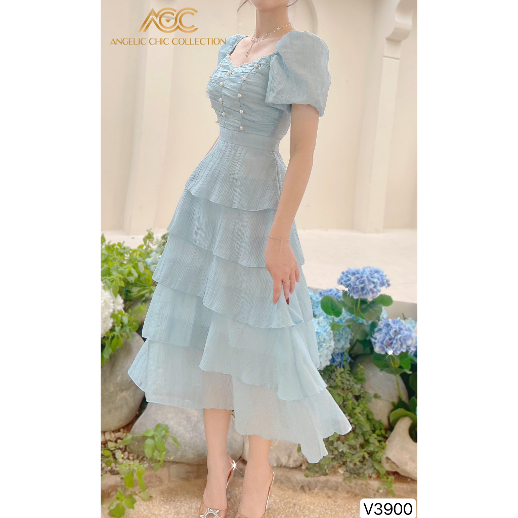 VÁY MIXI ĐI CHƠI, VÁY NỮ XANH TAY BỒNG CỔ VUÔNG V3900 - DVC