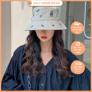 Nón bucket thêu hình gấu nhỏ cute, nón vành cotton dễ thương phong cách Hàn Quốc JULYHOMEWEAR