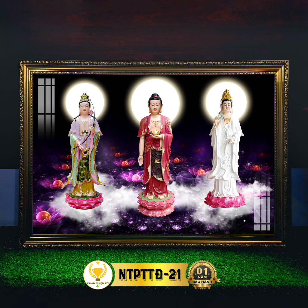 Tranh Thờ Tam Thánh Phật Đứng Có Đèn CHÂN THIỆN MỸ, Trang Trí Bàn Thờ Treo Tường Cùng Tượng Phật NTPTTĐ-21