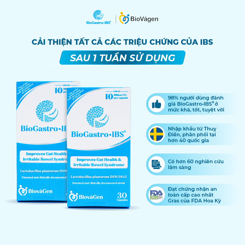 Combo 2 men vi sinh BioGastro • IBS Thụy Điển dùng cho Viêm Đại Tràng co thắt, Táo bón, Tiêu chảy hộp 30 viên nang