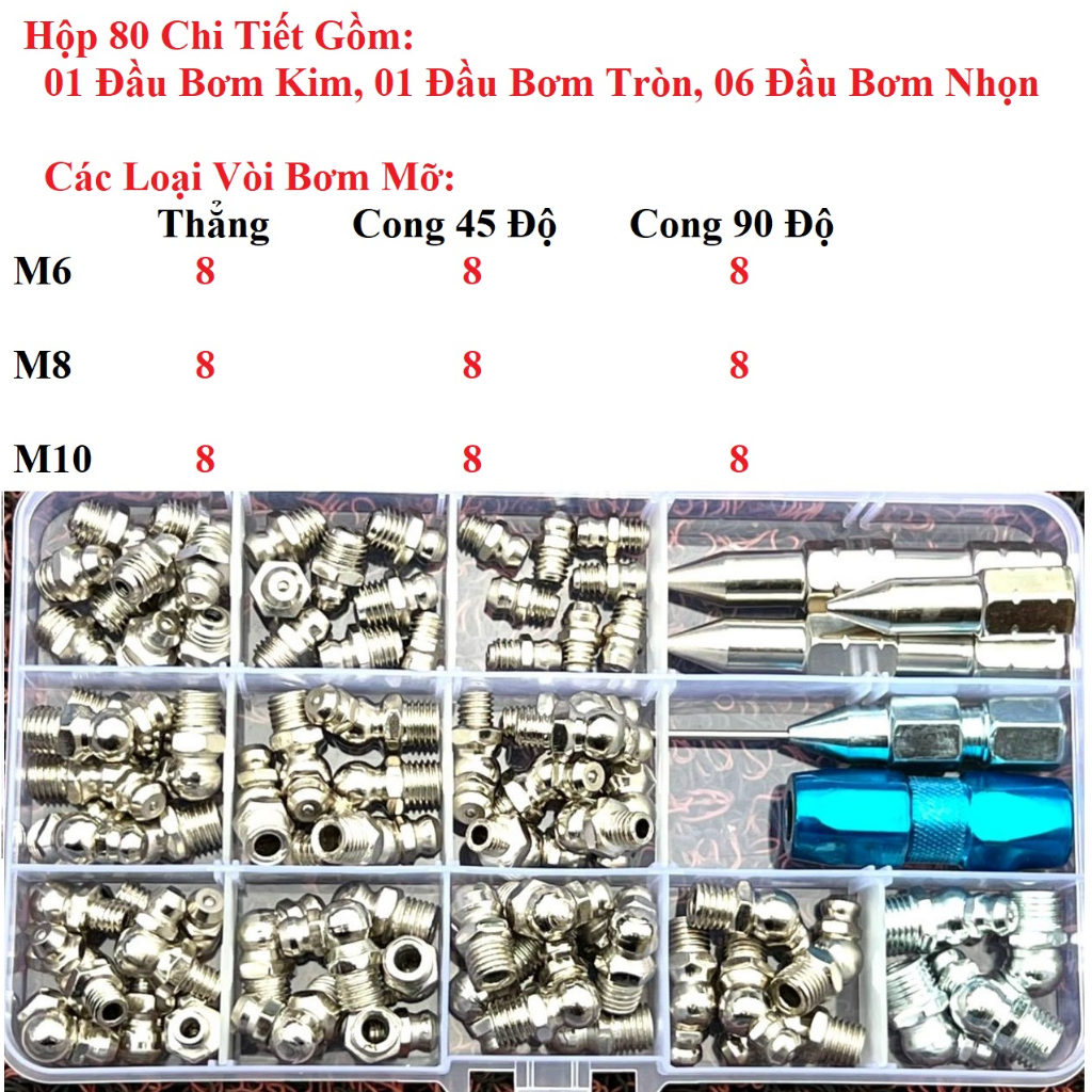 Hộp Đầu Bơm, Vòi Bơm Mỡ 60c Và 80c, Hộp Vú Bơm Mỡ, Vú Mỡ Loại M6, M8, M10, Đầu Bơm Kim, Đầu Bơm Nhọn, Đầu Bơm Tròn