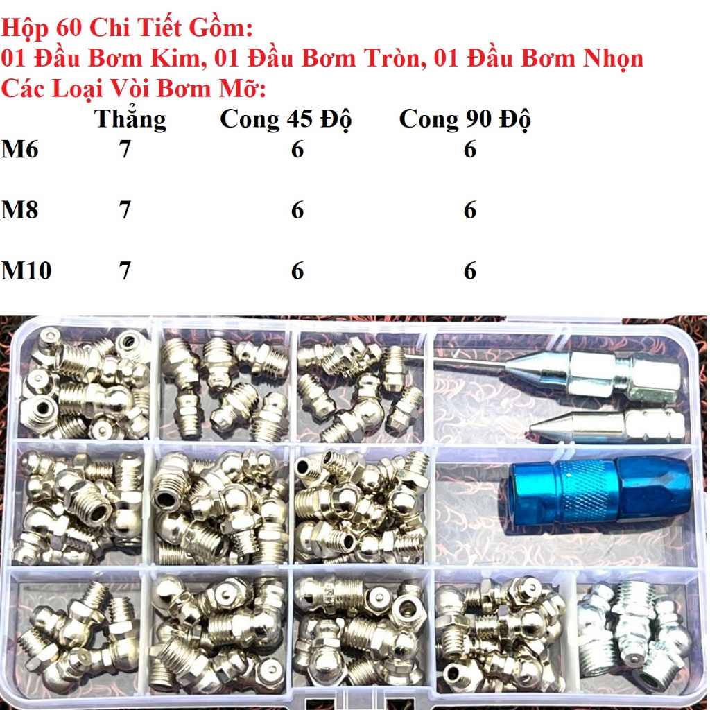 Hộp Đầu Bơm, Vòi Bơm Mỡ 60c Và 80c, Hộp Vú Bơm Mỡ, Vú Mỡ Loại M6, M8, M10, Đầu Bơm Kim, Đầu Bơm Nhọn, Đầu Bơm Tròn